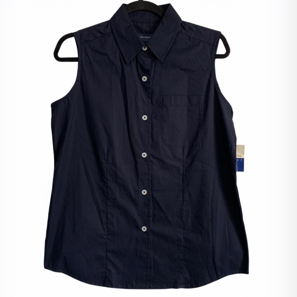 Liz Claiborne LizSport Golden Summer Navy Blue Buttoned Sleeveless Shirt